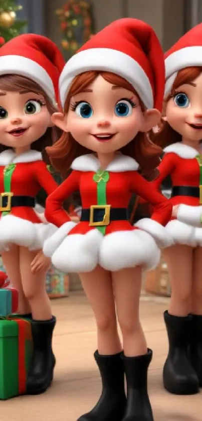 Three cute elf characters in Santa outfits.