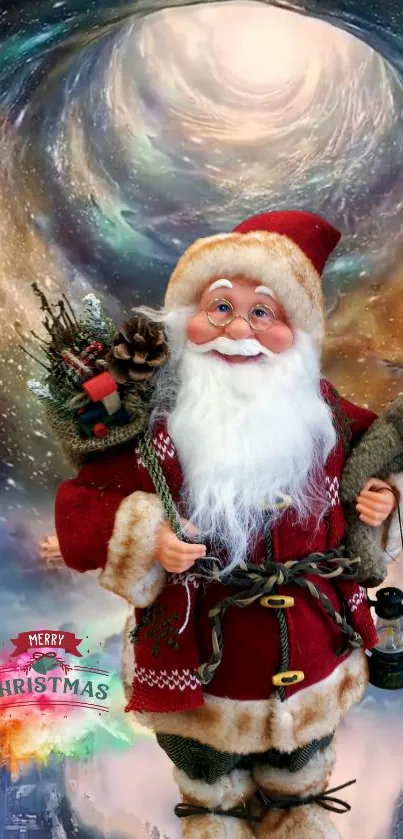 Santa Claus in a cosmic background with festive decorations.