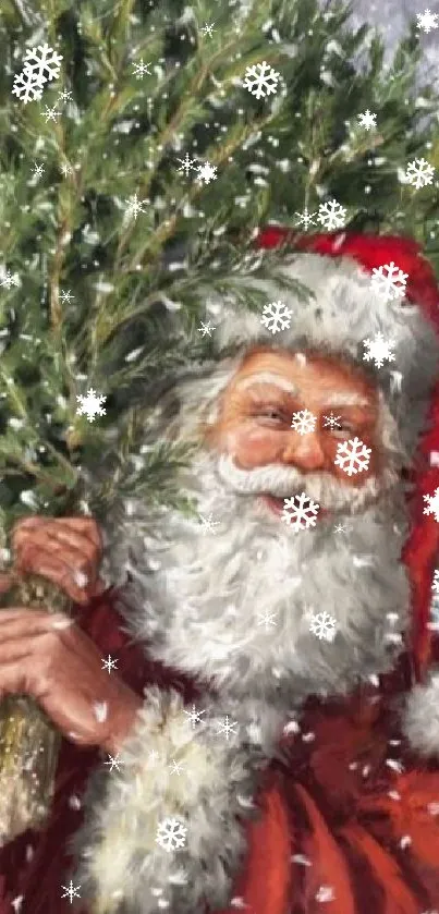 Santa Claus in red suit with Christmas tree, surrounded by snow.