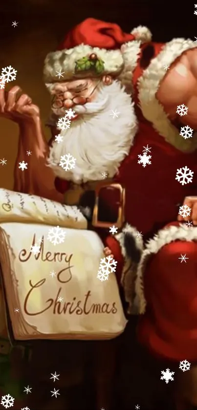 Santa Claus writing with Merry Christmas text in festive wallpaper.