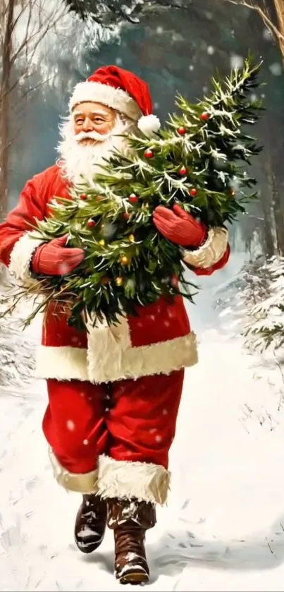 Santa walking in snow with tree.