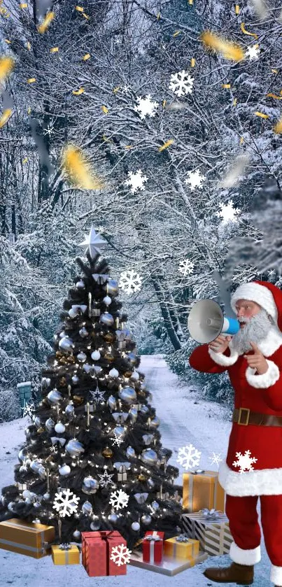 Santa with megaphone by a snowy Christmas tree in a winter scene.