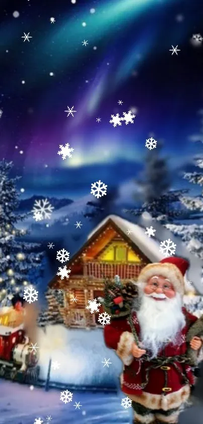 Santa Claus with snow and lights in winter wonderland.