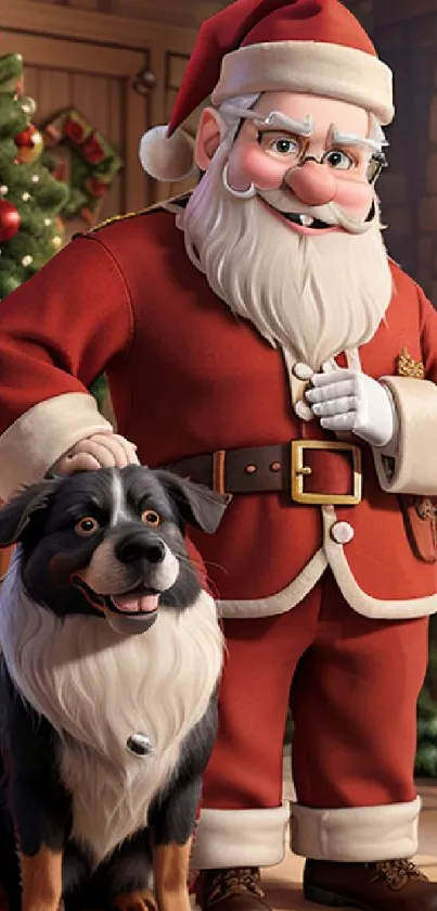 Santa Claus with dog in festive Christmas setting.