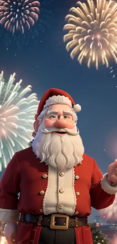 Santa Claus holding sparkler with fireworks in the background.