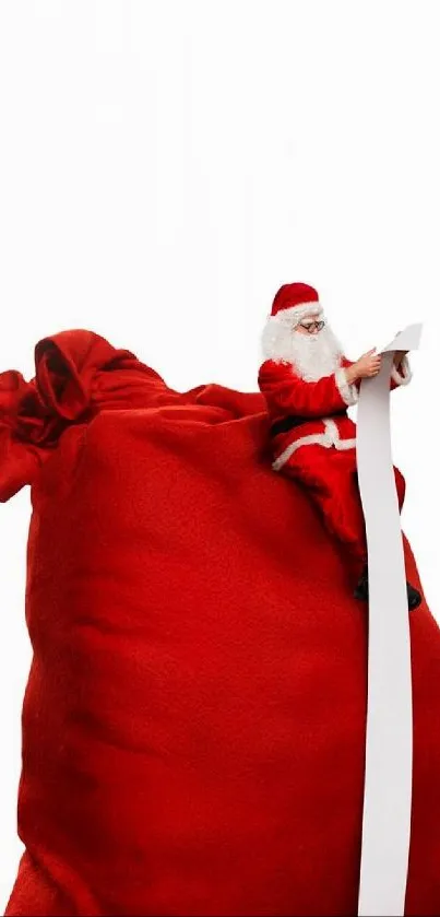 Santa Claus sits atop a large red gift bag, holding a long list.