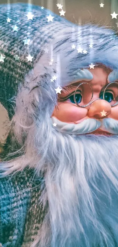 Vintage style Santa with gift in teal tones.