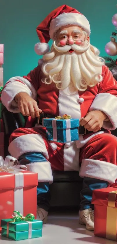 Santa Claus sits among colorful Christmas gifts and a festive tree.