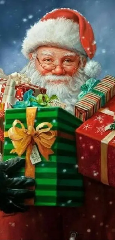 Santa Claus holding colorful gifts with a festive background.