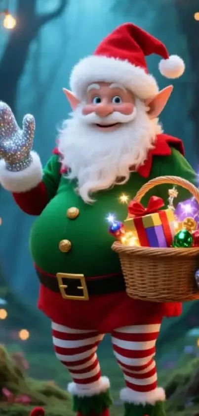 Festive Santa Claus with gifts in a forest setting.