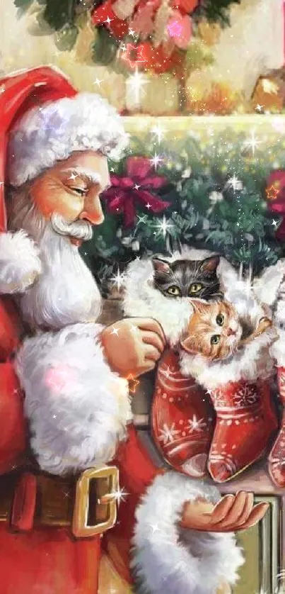 Santa Claus with kittens in Christmas stockings, surrounded by festive decor.