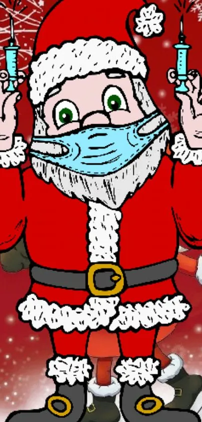 Cartoon Santa Claus with mask and syringes on festive red background.