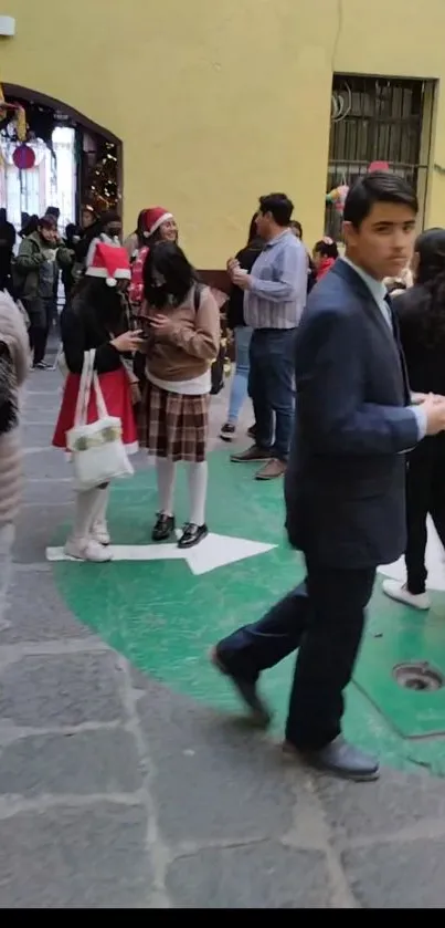 Festive school gathering with students in winter outfits, lively and colorful background.