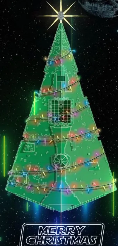 Sci-fi Christmas tree with vibrant lights on a starry background.