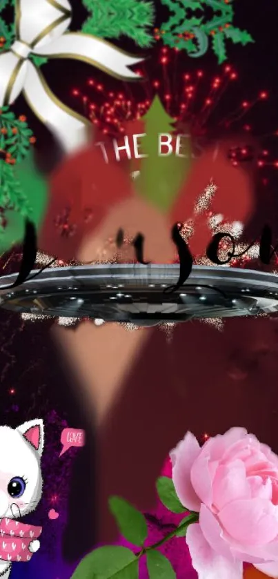 Festive mobile wallpaper with fireworks and a pink rose.