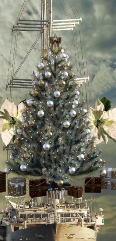 Wallpaper of a ship with a Christmas tree and clouds.