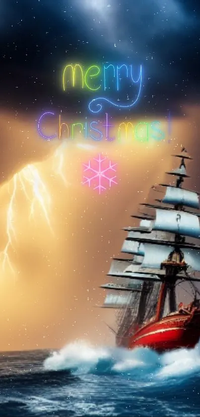 Vibrant Christmas ship in a stormy sea with festive neon greeting.