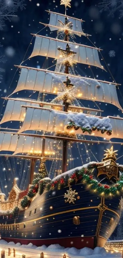 Festive ship adorned with lights in snowy night.