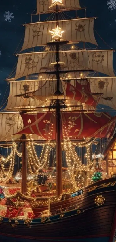 Festive ship with Christmas lights at night dock.