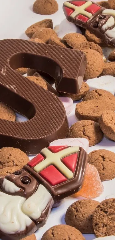 Festive Sinterklaas sweets with chocolate letter and cookies.