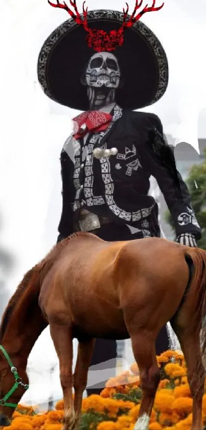 Mariachi skeleton with horse in marigold field.