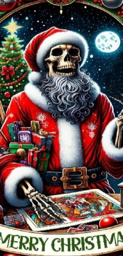 Skeleton Santa in red suit with Christmas tree and gifts, moonlit night.