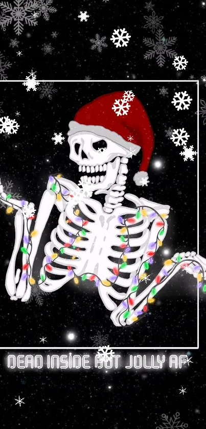 Festive skeleton with Christmas lights on black snowy background.