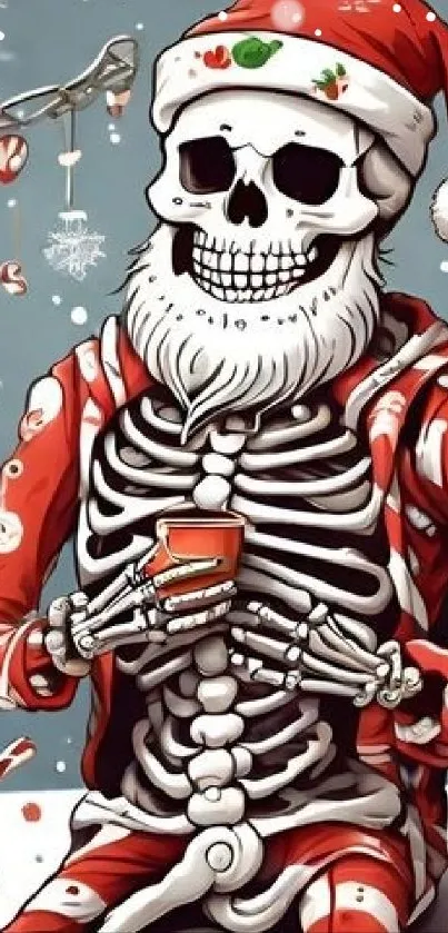 Skeleton wearing Santa outfit with festive elements.