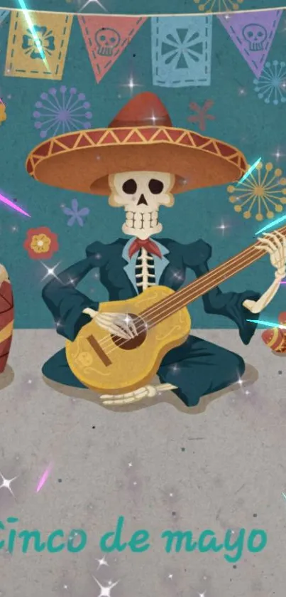 Cinco de Mayo festive skeleton playing guitar against a colorful backdrop.