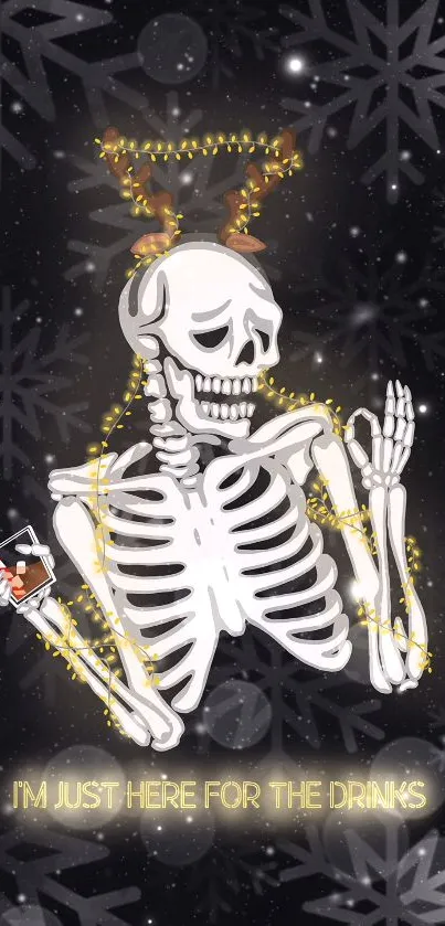 Skeleton with Christmas lights and snowflakes, saying "I'm just here for the drinks."