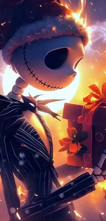 Festive skeleton holding a gift box.