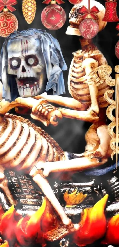 Skeleton duo with festive ornaments on fire-themed wallpaper.