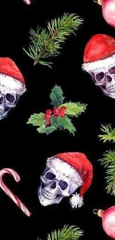 Holiday skulls with Santa hats on black background.