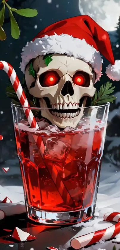 Skull in Santa hat with candy cane drink.