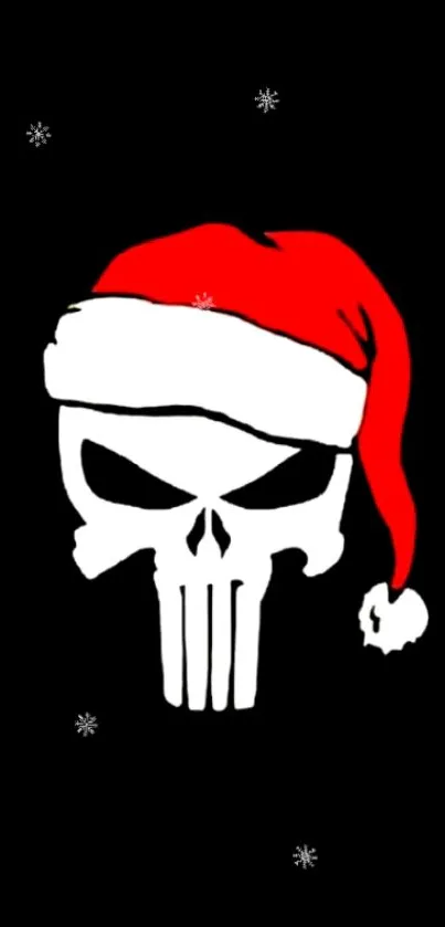 Festive skull with Santa hat on black background wallpaper.