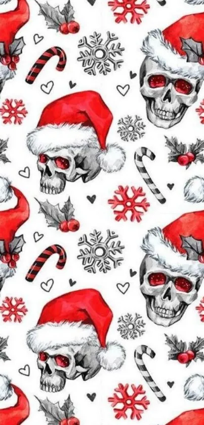 Skulls with Santa hats and candy canes on a festive wallpaper.