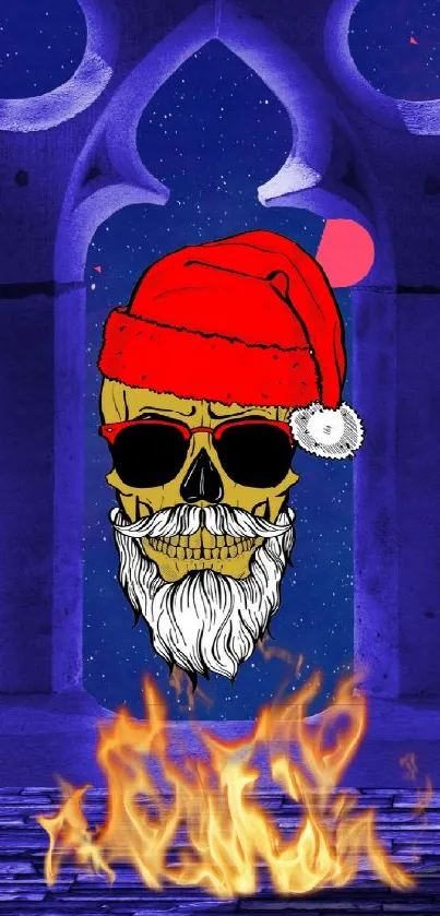 Skull in Santa hat with blue flame background.