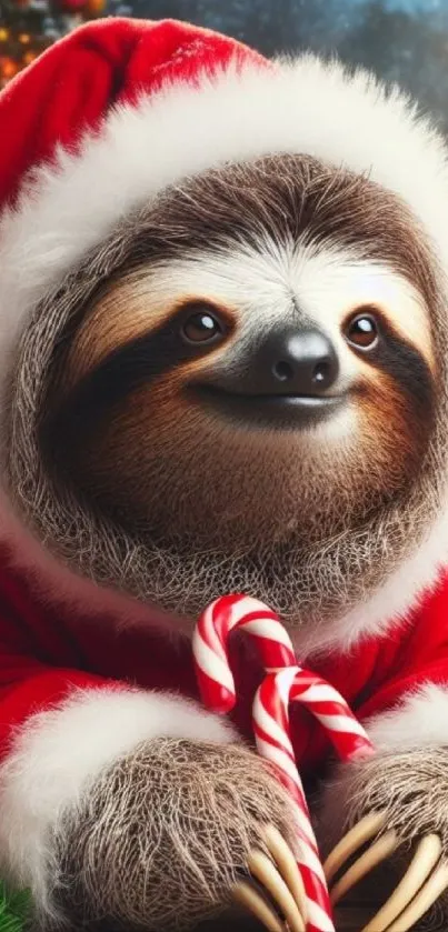 Sloth in Santa outfit holding candy canes celebrating Christmas.