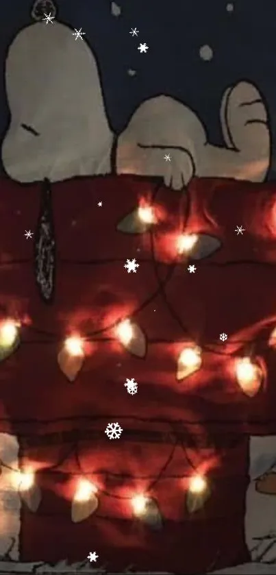 Snoopy sleeping on doghouse with glowing Christmas lights.