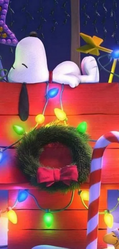 Snoopy lying on a decorated doghouse with colorful Christmas lights.