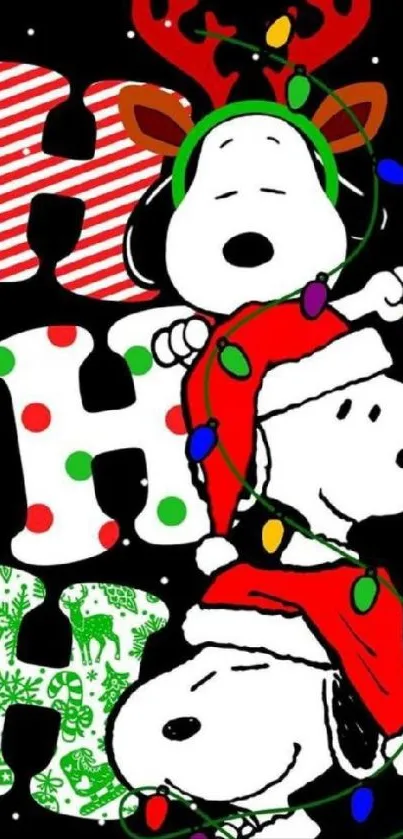 Snoopy in festive Christmas attire with colorful decorations.