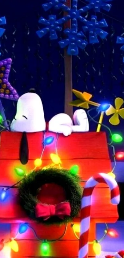 Festive Snoopy on doghouse with Christmas lights in winter scene.