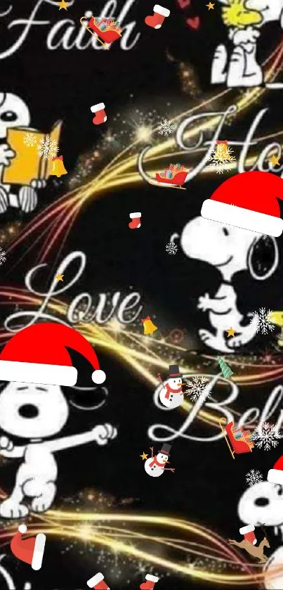 Snoopy in Santa hats with festive Christmas words.