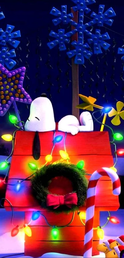 Snoopy Christmas mobile wallpaper with lights and decorations.