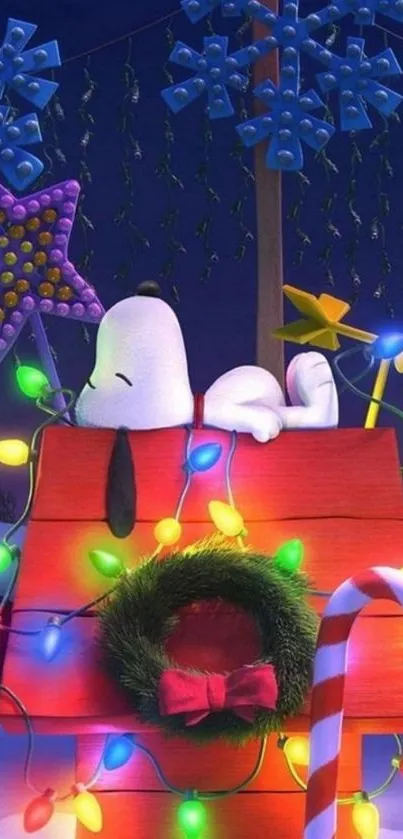 Snoopy sleeps atop a festive, lit doghouse with winter decorations.