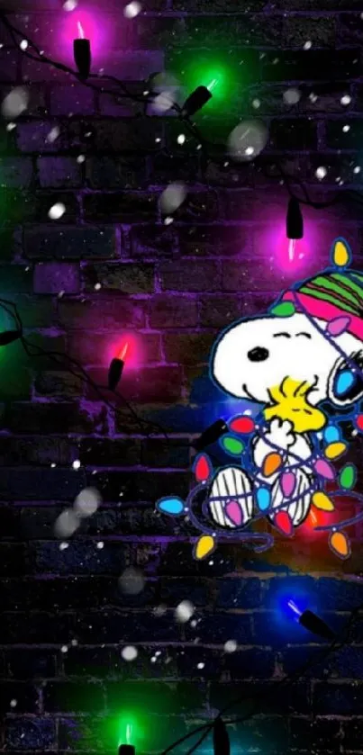 Snoopy with Christmas lights on brick wall.