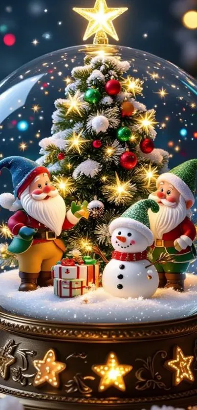 A festive snow globe with Christmas tree and snowmen.