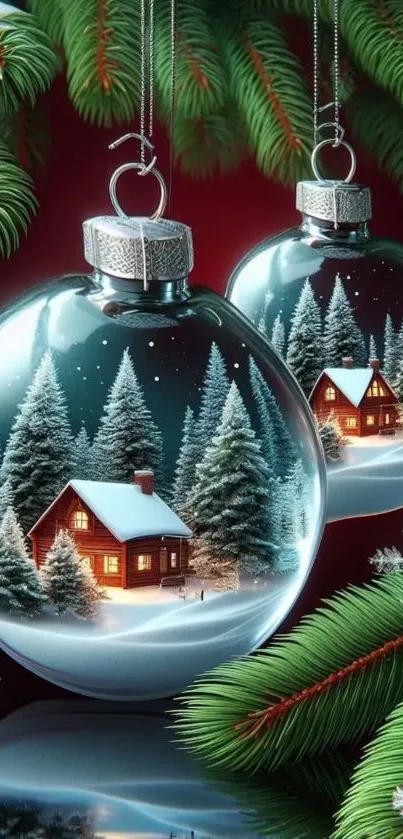 Snow globe holiday scene with cabin and trees.