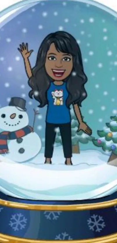 Cartoon character in a festive snow globe with snowman and holiday trees.