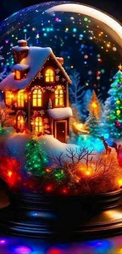 Snow globe with Christmas scene in colorful lights.